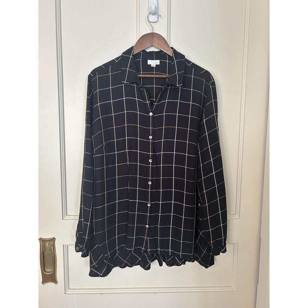 J. Jill Window Pane Plaid Button Collared Blouse Womens Size 2X Black Classic